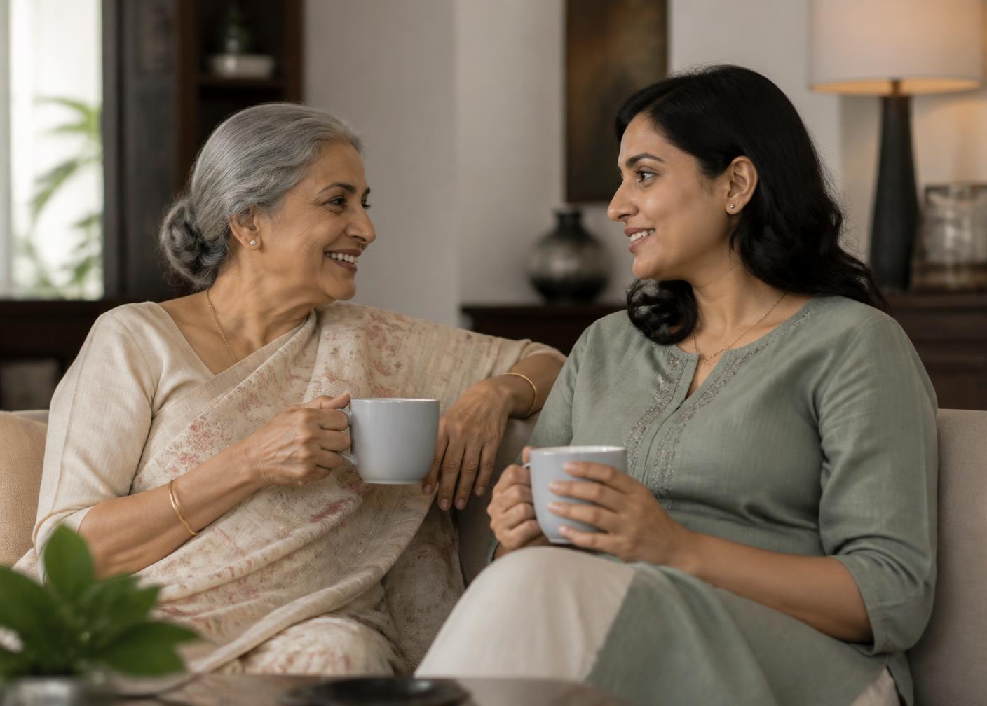 Two family members sitting together with tea in a softly lit living room